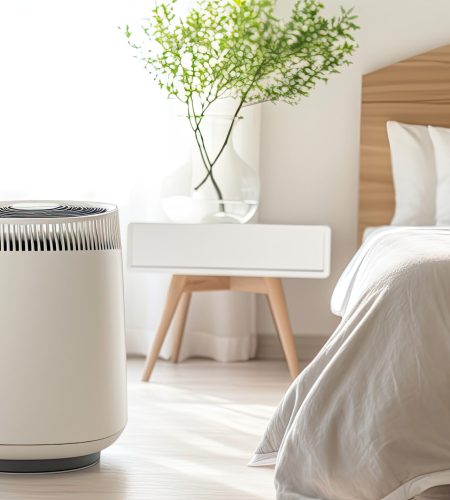 Air purifier in cozy white bedroom for filter and cleaning removing dust PM2.5 HEPA and virus in home,for fresh air and healthy Wellness life. Generative ai