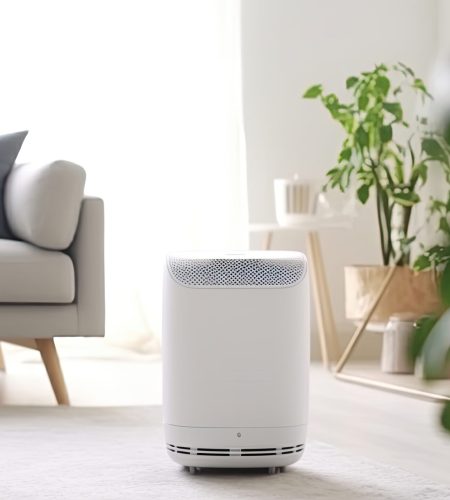 Air purifier in cozy white living room for filter and cleaning removing dust PM2.5 HEPA and virus in home, Air Pollution Concept. Generative ai